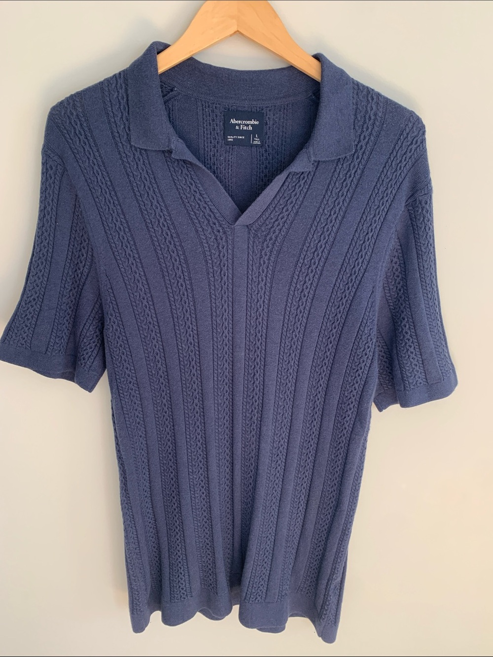 Abercrombie & Fitch Men’s Cable Knit Short Sleeve Polo Sweater Navy Blue XL Tall